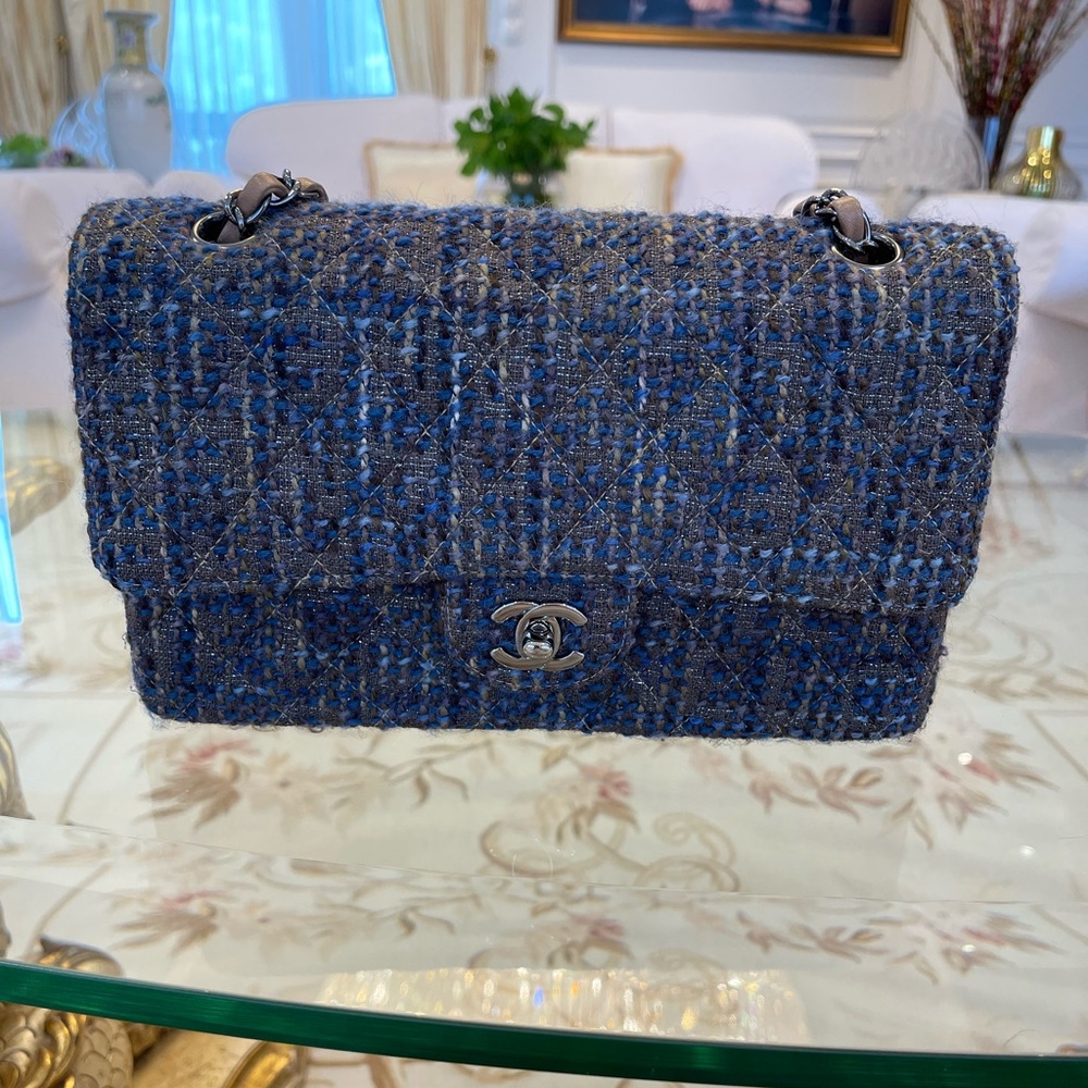 Chanel Tweed Quilted Medium Double Flap Brown Blue Handbag
